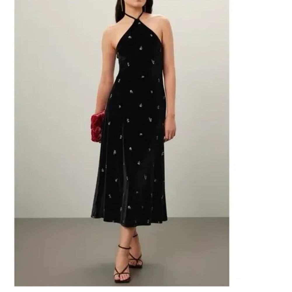 NWT WeWoreWhat Embroidered Flower Velvet High Neck Halter Midi Dress Black